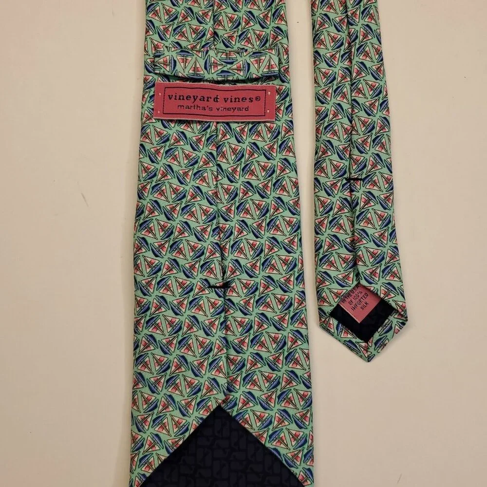 Vineyard Vines Silk Tie Blue Green Aqua Cyan Sailboat Print 3 3/8